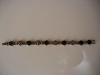 Vintage Sterling Silver Art Deco Onyx Marcasite Link Bracelet 7.  25 " B66