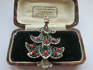 Vintage Style Green And Red Rhinestone Christmas Tree Brooch Shawl Pin