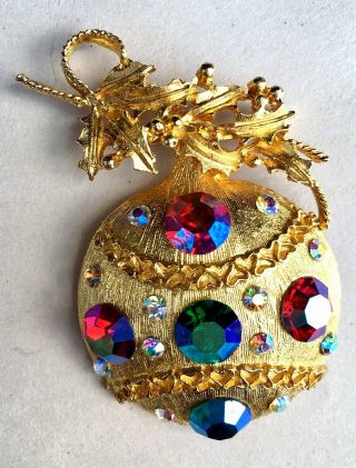 Gorgeous Vintage Christmas Ornament Brooch Pin Large - Rhinestones Aurora B.
