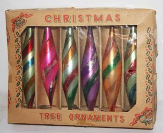6 Vintage Mercury Glass Icicle Tear Drop Christmas Ornaments W/orig Box