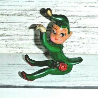 Vintage Rubber Green Christmas Elf Pixie Hanging Climber With Lady Bug Hong Kong