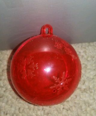 Vintage Clear Red Plastic Round Ball Ornament With Snowflakes 2” Dia