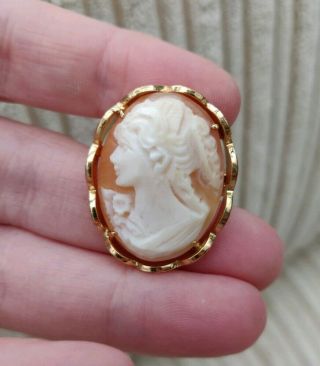 Vintage Art Deco Jewellery Lady Profile Cameo Shell Gold Brooch Pin