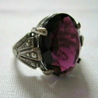 Vintage Silver Ring With Amethyst Glass Stone & Marcasite