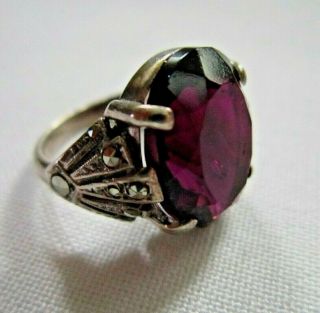 vintage silver ring with amethyst glass stone & marcasite 2