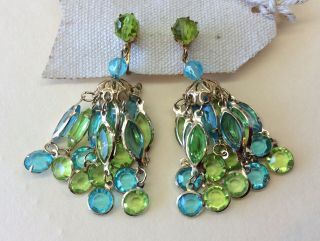 Fun Vintage 1960s Green And Blue Lucite Goldtone Chandelier Clip - On Earrings
