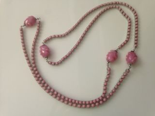 Vintage Pink Glass Beads Necklace Silvertone 46 " Long
