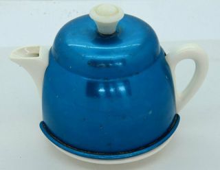 Vintage Retro Blue China & Anodised Tea Pot/hot Water Jug