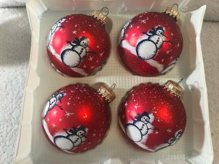 Vintage Christmas Ornaments Set Of 4 Glass Red W/snowmen Ex2369