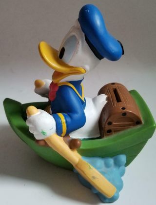 Vintage Disney Donald Duck In A Row Boat Plastic Coin Bank W/ Stopper Toy