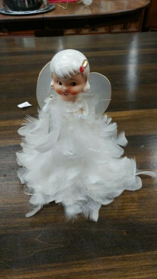 Vintage Feather Angel Tree Topper Porcelain Head White Feathers