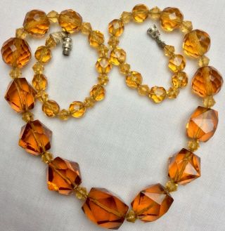 Vintage Art Deco Amber Coloured Carved Faceted Glass Sparkling Beaded Necklace