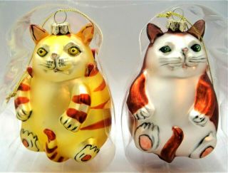 Set Of Two Vintage Amc York Glass Cat Ornaments,  Hand Painted