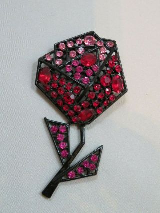 Vintage Brooch Signed Art,  Japanned Flower W Fuscia And Red Rhinestones