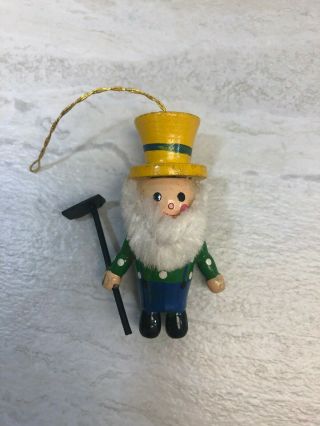 Vintage Hand - Painted Wooden Old Farmer Man With Garden Hoe Christmas Ornament 2 "