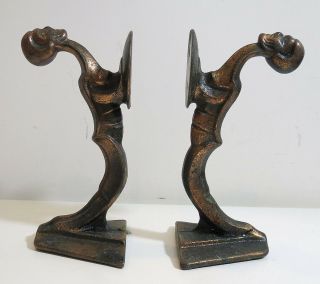 Vintage Art Deco Bronze Book Ends With Strange Looking Figure Of A Man 1