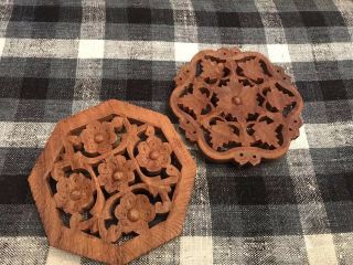 Set Of 2 Vintage Wooden Footed Trivets Floral & Leaf Design Hand Carved India - O1