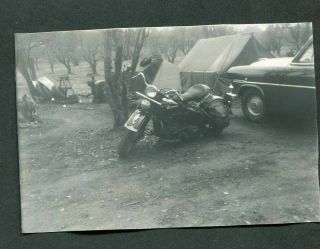 Vintage Photo 1950s Harley Davidson Motorcycle Camping W/ 1953 Ford 991076