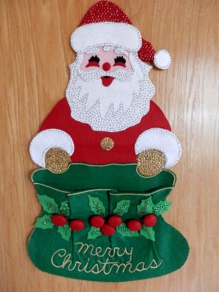 Vintage Santa Christmas Card Holder - Felt Sequins Bucilla Paragon Completed
