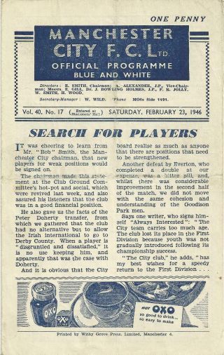 Vintage Football Programme Manchester City V Bolton Wanderers 1946