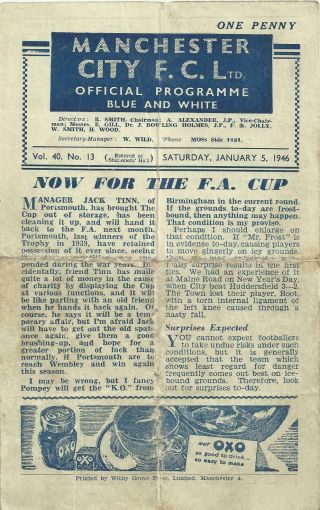 Vintage Football Programme Manchester City V Barrow Fa Cup 3rd Round 1946