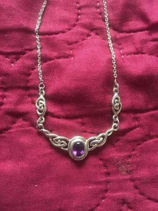 Vintage 925 Silver Celtic Design Necklace With Amethyst Stone