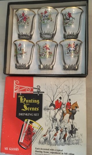 Vintage Set Of Hunting Scenes Shot Glasses/drinking Set