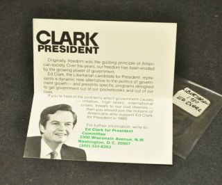 Vtg 1980 Ed Clark For President Libertarian Candidate Ephemera Card Literature