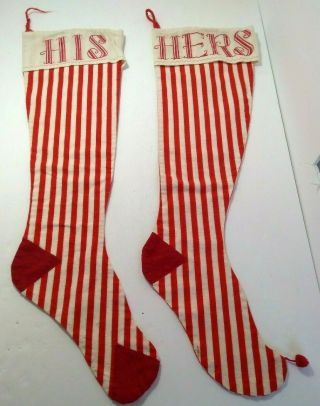 Vintage Christmas Stockings His & Hers Red And White Candy Striped 24 "