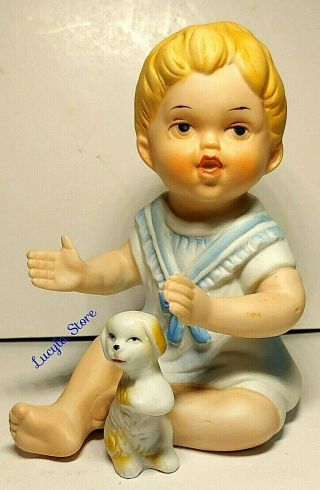 4 3/4 " Vintage Bisque Porcelain Piano Baby Boy & Puppy Decorative Figurine