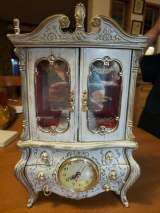 Vintage French Style Armoire Jewelry Box With Ballerina And Quartz Clock