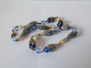 Vintage / Art Deco Glass Bead Necklace - Blue & Silver With Faux Pearls