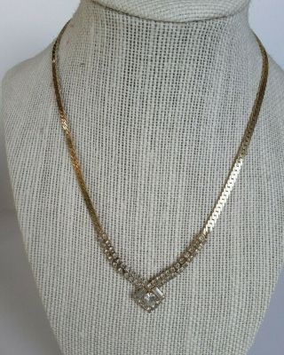 Vintage Gold Tone Clear Rhinestone Necklace With Diamond Shape Jewelry