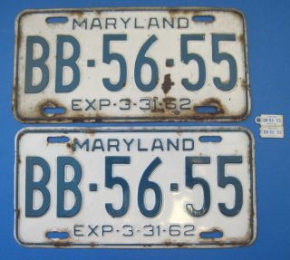 1962 Maryland License Plates Matched Pair With Dav Key Chain Tags