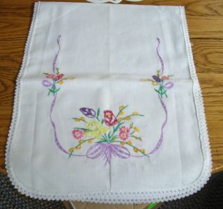 Vintage Dresser Scarf Table Runner White Linen W/ Embroidered Flowers 13 X 36