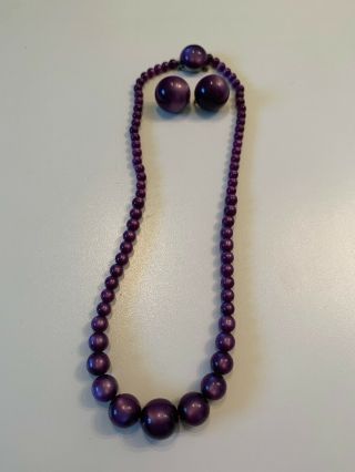 Vintage Purple Moonstone Plastic Beaded Necklace,  Earrings Set Signed