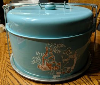 Vintage 19502s Metal Cake/pie Carrier Saver Tin Aqua Chef,  Scottie Dog,  Barbecue