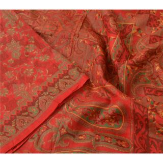 Sanskriti Vintage Red Saree Pure Silk Printed Sari Decor Soft 5yd Craft Fabric