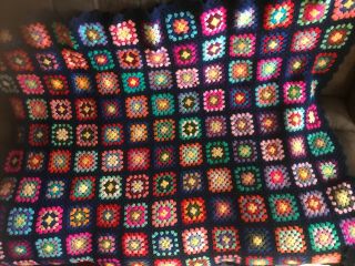 Vintage Crochet Blanket Granny Squares Afghan Navy Blue W/ Colorful Squares