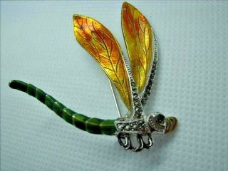 Vintage Jewellery Enamel Marcasite Dragonfly Large Brooch /pin