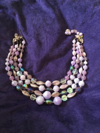 Vintage 1950s 60s Triple Strand Glass And Plastic Foil Bead Necklace