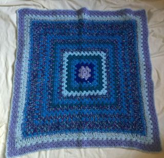 Vintage Hand Knitted Blue Grandma Square Baby Blanket Throw 33 X 33 "