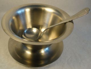 Vintage Stainless Steel Gravy Boat Bowl With Attached Tray & Ladle
