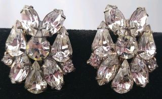 Vintage Silver Tone Clear Glass Rhinestone Clip On Earrings
