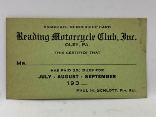 Vintage 1930’s Rmc Reading Motorcycle Club Associate Membership Card Oley,  Pa.