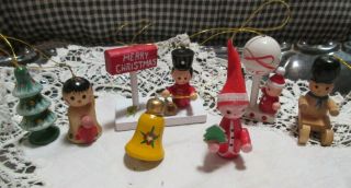 7 Vintage Wooden Christmas Ornaments Hand Painted Tree Bell Angels Sled Noel