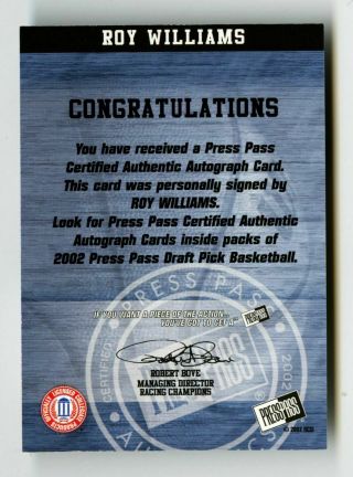 2002 Roy Williams Press Pass Auto UNC Tarheels North Carolina Signed Autograph 2