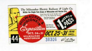 Milwaukee Railway Transit Ticket Pass October 25 - 31 1936 Wisconsin Exposition