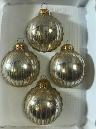 Vintage Christmas Ornaments Set Of 4 Glass Silver With Gold Glitter Stripes Ball