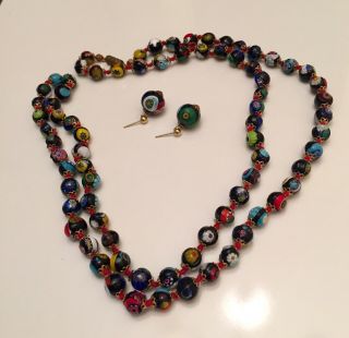 Vintage Old Venetian Murano Set Millefiori Glass Bead Necklace And Earrings 36”